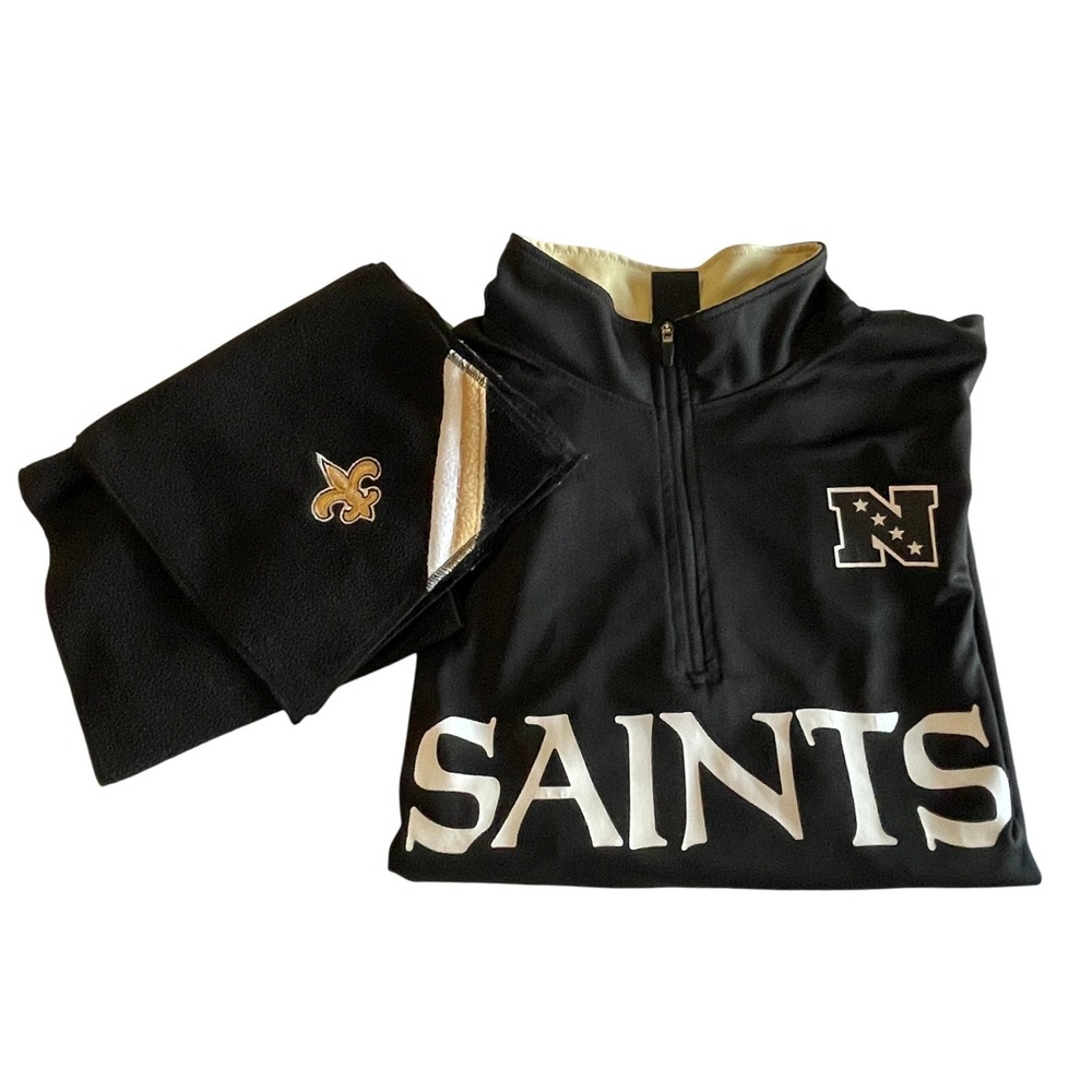 New Orleans Saints NFL Team Apparel Men Large Quarter Zip Pullover Shirt + Scarf